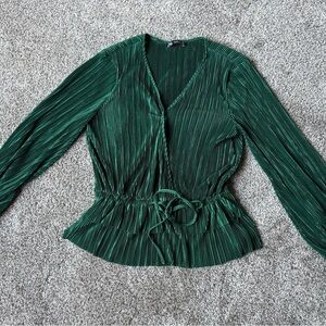 Zara Green Pleated Tie Front Blouse